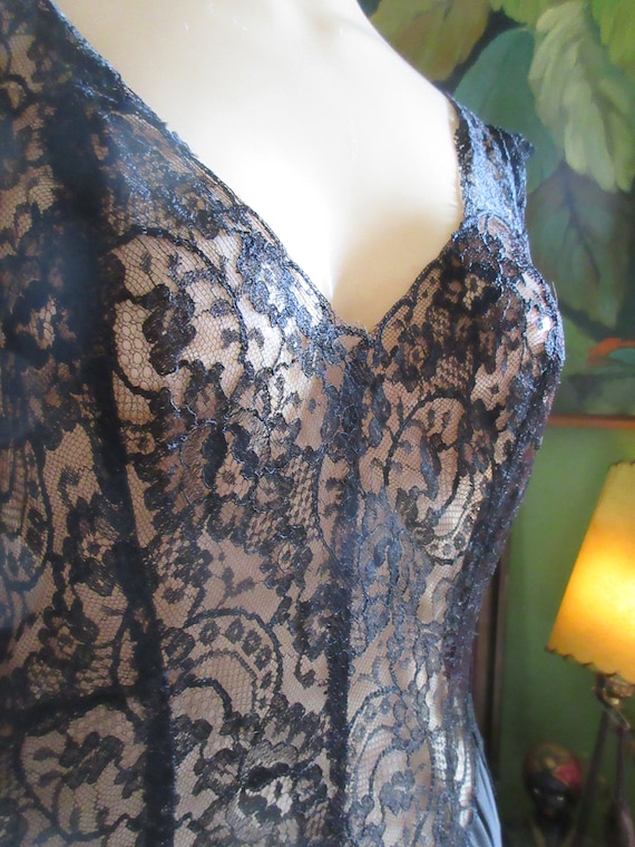 Medium 1940s Black Acetate Rayon and Lace Nightgow