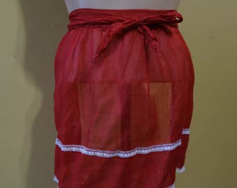Be My Valentine Sheer 1950s Vintage Rocket Red Apron White Lace Trim Mid Century Kitchen Pin Up Burlesque