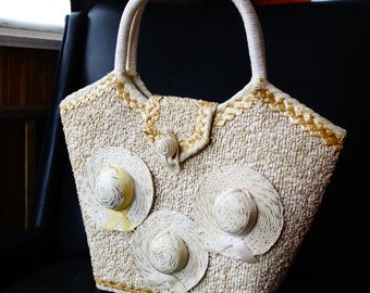 WOW! Unique Vintage 1960s White and Gold Lurex Woven Paper Handbag of Ladies Hats Handbag Purse Rockabilly Mid Century