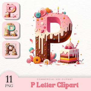 Buchstabe P Clipart Set Geburtstagsparty Clip Dekorationen Bäckerei Logo PNG Instant Download