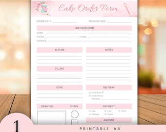 Peut inclure: Formulaire de commande de gâteau imprimable avec un design rose et blanc. Le formulaire comprend des sections pour la date de commande, les informations du client, la saveur, la garniture, le glaçage, la livraison, le paiement, le dessin et la forme. Le formulaire comprend également une section pour les notes et un champ de montant.