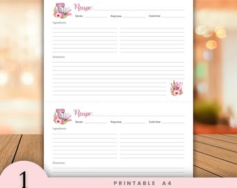 Printable Recipe Card | A4 Recipe Template with 2 cards | Recipe Card for Kitchen Organization