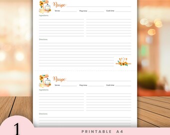 Printable Recipe Card | A4 Recipe Template with 2 cards | Recipe Card for Kitchen Organization