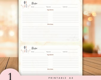 Printable Recipe Card | A4 Recipe Template with 2 cards | Recipe Card for Kitchen Organization