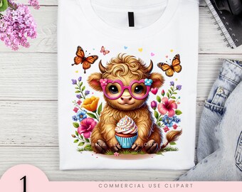 Watercolor Spring Highland Cow Clipart Set, Easter Spring Highland Cow Clipart Bundle, Baby Cow Clipart Bundle, Easter Sublimation Design