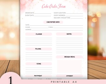 May include: A printable A4 cake order form with a pink and gold marble design. The form includes sections for customer info, flavor, filling, icing, and design ideas. The text "Cake Order Form" is at the top and bottom.