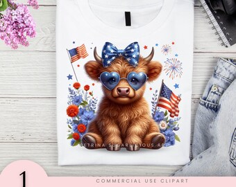 July 4th Highland Cow PNG, Merica Funny Cute Baby Cow, Coquette Fourth Of July Sublimation Design, Trendy America USA Popular PNG