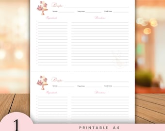 Printable Recipe Card | A4 Recipe Template with 2 cards | Recipe Card for Kitchen Organization