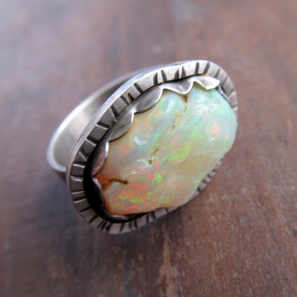 Sterling Silver Ring Cocktail Rough Opal Multicolor Wide Band