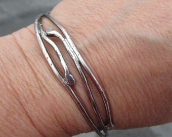 Organic Sterling Silver Twig Bangle Bracelet Rustic Distressed Silver Branch Bangle Small