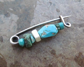 Small Turquoise Silver Pin Rustic Brooch Boho Sterling Silver Turquoise Brooch Sundance Style Beaded Brooch Green Blue Gemstone