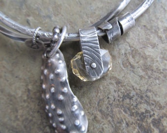 Small Sterling Silver Bangle Bracelet Silver Charm Bracelet Pale Yellow Gemstone Bangle Bracelet Double Intertwined  Bracelet