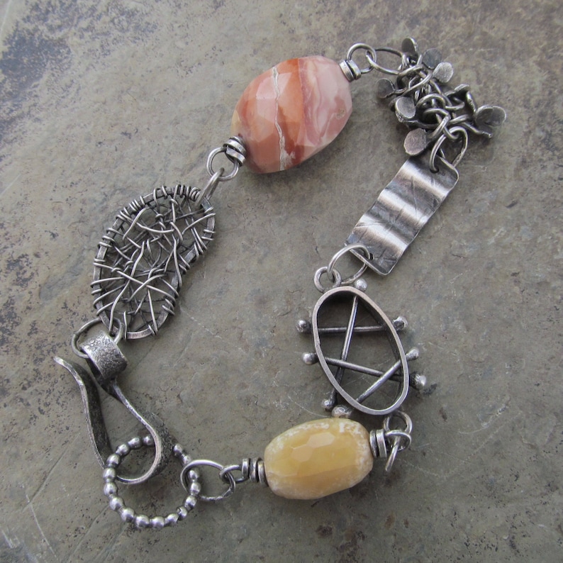 Eclectic Sterling Silver Charm Bracelet Peach Yellow Opal Gemstone Bracelet Artsy Silver Jewelry Boho Charm Bracelet Rustic Silver Jewelry