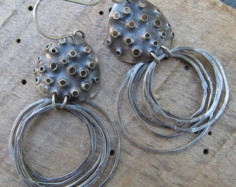 Rustic Loopy Hoop Earrings Sterling Silver Pierced Dangling Multi Hoops Sea Life