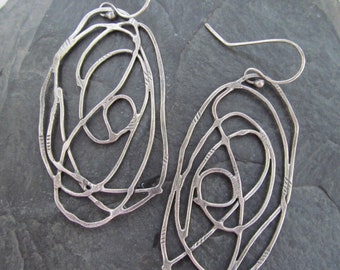 Long Sterling Silver Scribble Hoop Earrings Rustic Artistic Stamped Silver Dangle Earrings