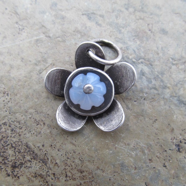 Sterling Silver Flower Charm Pastel Blue Chalcedony Daisy Pendant Rustic Pale Blue Gemstone Flower Charm Only