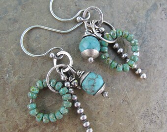 Turquoise and Silver Dangle Earrings Rustic Gemstone Charm Earrings Sterling Silver Pyrite Sundance Style