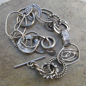 Chunky Funky Chain Link Bracelet Eclectic Sterling Silver Abstract Mixed Up Bracelet Toggle Clasp