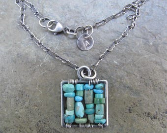 Sundance Style Turquoise and Sterling Silver Necklace Square Wire Wrapped Pendant