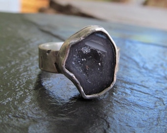 Silver Druzy Mini Geode Ring Gray Druzy Ring Stamped Sterling Silver Band Gemstone Ring Geode Ring Size 6