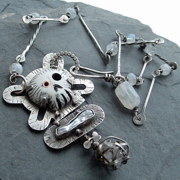 Silver Skull and Bones Necklace Pearl Sugar Skull Necklace Herkimer Diamond OOAK pendant Outrageous Art Jewelry Skull Statement Necklace