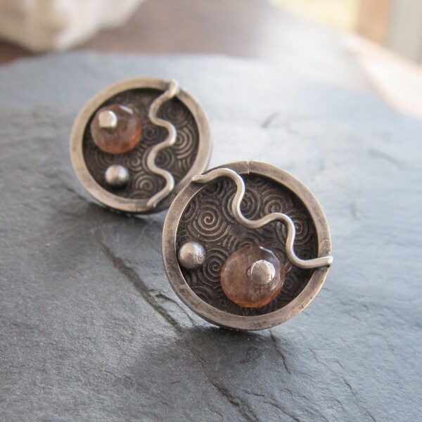 Funky Stud Post Earrings Sterling Silver Gemstone Button