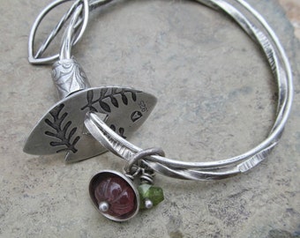 Spring Leaf Bangle Charm Bracelet Sterling Silver Double Intertwined Bangle Medium
