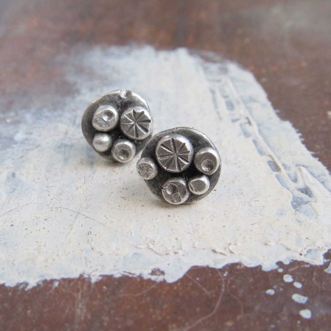 Boho Silver Stud Earrings Sterling Silver Button Earrings Funky Stamped