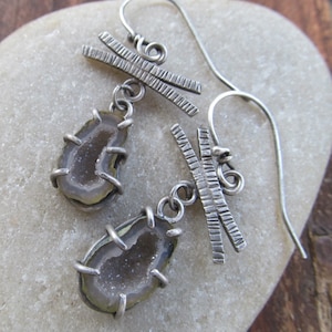 Sterling Silver Druzy Earrings Mini Geode Earrings Druzy Dangle Earrings Silver Geode Earrings Boho Dangling Silver Earrings Art to Wear