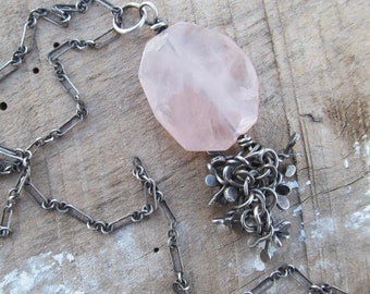 Long Chunky Pink Gemstone Nugget Layering Necklace Pastel Rose Quartz Fringe Pendant