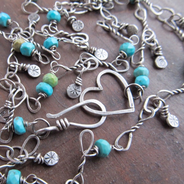 LONG Sterling Wire Wrapped Necklace Chain Turquoise heart Beaded