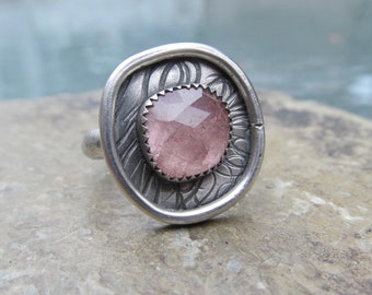 Rustic Pink Gemstone Ring Sterling Silver Ring Faceted Strawberry Quartz Lepidocrocite Ring Pastel Pink Ring Size 8 1/4