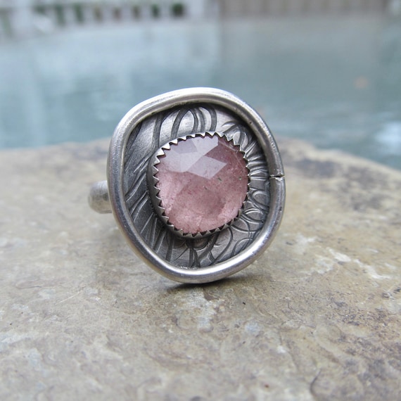 Rustic Pink Gemstone Ring Sterling Silver Ring Faceted Strawberry Quartz Lepidocrocite Ring Pastel Pink Ring Size 8 1/4