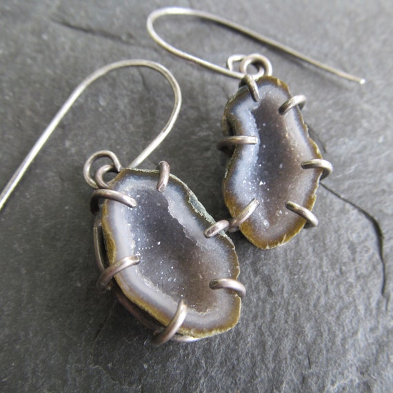 Silver Geode Earrings Gray Druzy Dangle Earrings Sterling | Etsy
