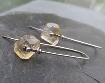 Simple Pale Yellow Quartz Nugget Earrings Wire Wrapped Silver Drops