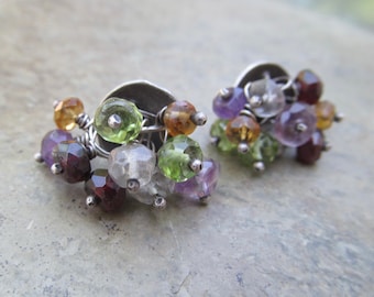 Sterling Silver Multicolor Gemstone Stud Earrings Purple Green Yellow Pom Pom Earrings