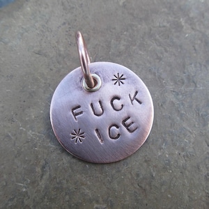 May include: A round, copper-colored metal pendant with the words "FUCK ICE" stamped on it. The pendant has two asterisks and a loop for hanging.