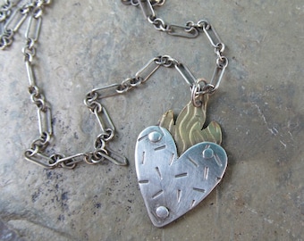 Hearts on Fire Mixed Metal Necklace Riveted Sterling Silver Heart Flame Layering Necklace Love Pendant