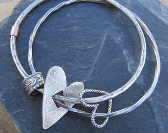 Sterling Silver Heart Bangle Charm Bracelet Double Intertwined Bangle Love Jewelry Medium