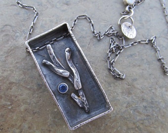 Shadow Box Necklace Sterling Silver Branch Blue Sapphire Gemstone Specimen Pendant