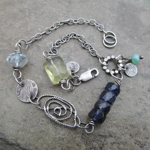 Sterling Silver Charm Anklet Ankle Bracelet Blue Green Gemstone Summer Jewelry