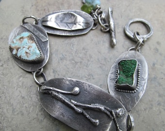 Rustic Woodland Sterling Silver Leaf Branch Charm Bracelet Turquoise Green Rough Gemstone Druzy Primitive Toggle