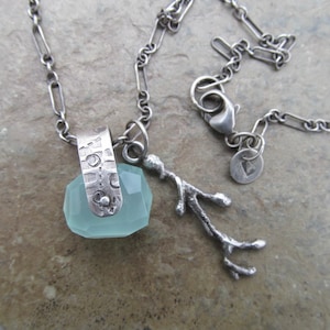 Teal Gemstone Nugget and Branch Layering Necklace Sterling Silver Charm Necklace Pastel Green Chalcedony Pendant