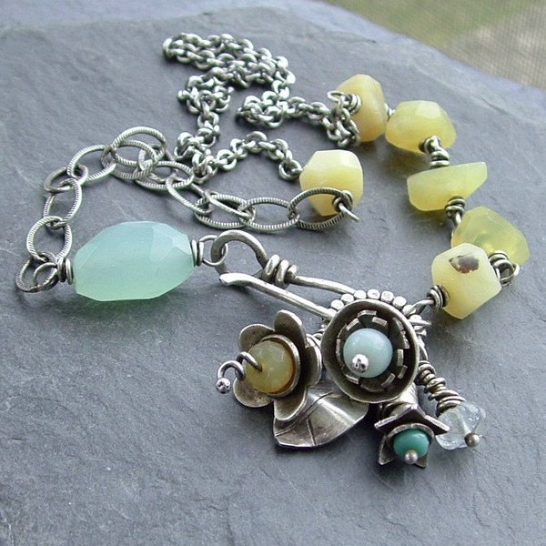 Silver Necklace Flower Blue Yellow wire wrapped gemstone cluster necklace