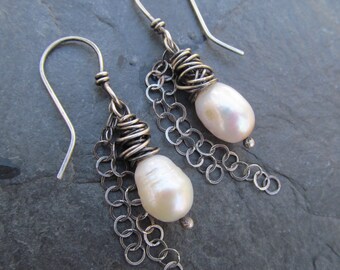 Wire Wrapped Pearl Sterling Silver Earrings White Pearl Dangle Earrings Silver Dangling Wedding Earrings Bridal jewelry Pearl Bride Earrings