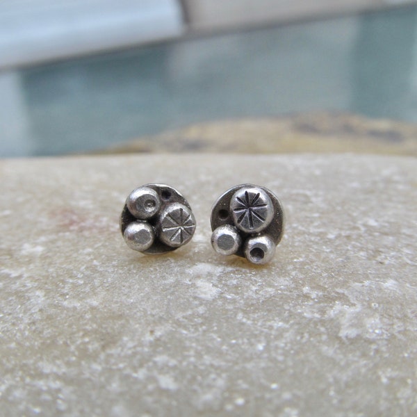 Whimsical Silver Stud Earrings Stamped Silver Earrings Boho Sterling Silver Earrings Bohemian studs Funky Earrings Art to Wear