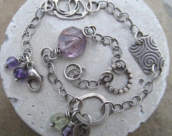 Eclectic Amethyst Charm Anklet Sterling Silver Purple Gemstone Ankle Bracelet Summer Jewelry Chain