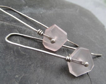 Simple Pastel Pink Rose Quartz Nugget Earrings Wire Wrapped Silver Drops