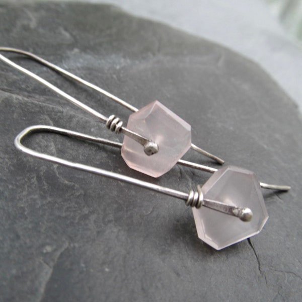 Simple Pastel Pink Rose Quartz Nugget Earrings Wire Wrapped Silver Drops