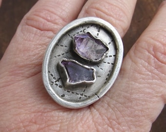 Raw Amethyst Purple Ring Silver Wide Band Gemstone Ring Rough Crystal Size 7